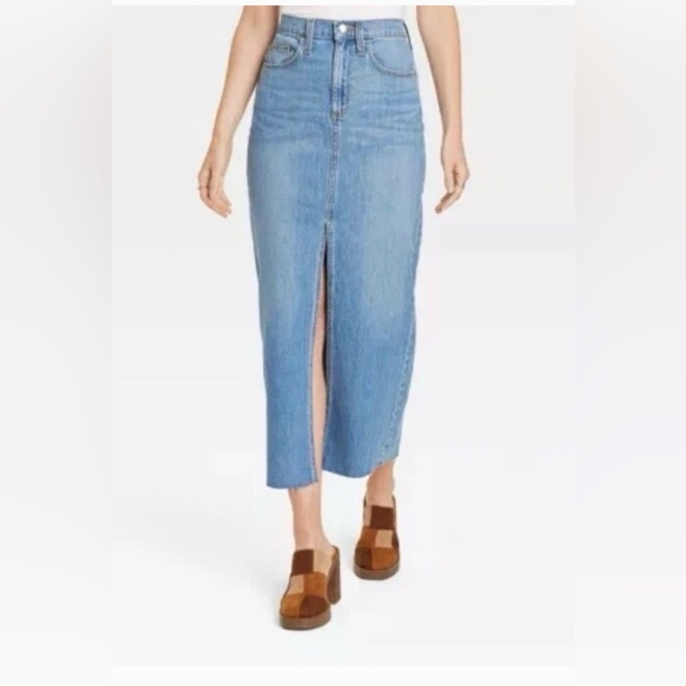 Light Wash Denim Maxi Skirt with Front Slit